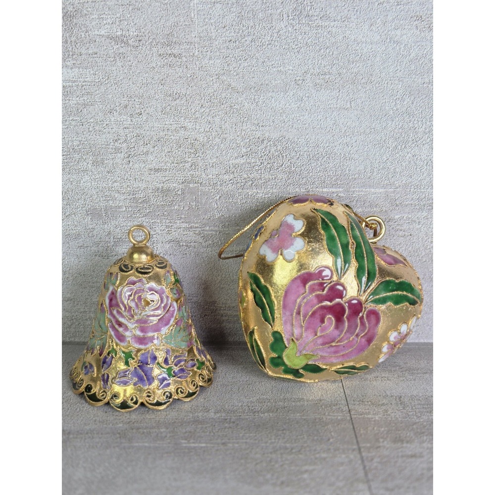 VTG gold-toned cloisonné enamel puffy heart & Bell ornaments Pink Green Floral